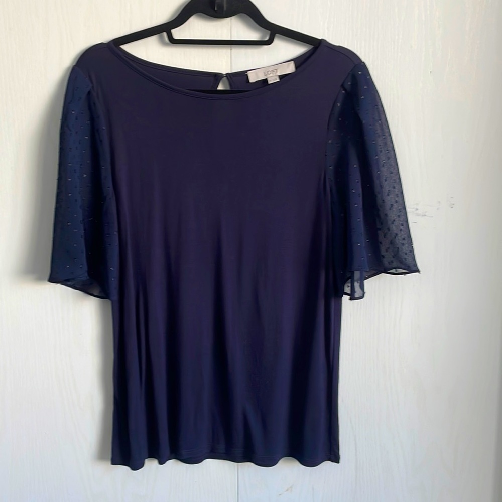 LOFT blue shirt with sparkle flutter sleeves